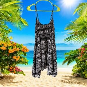 Moral Fiber- black white summer festival boho elephant print midi sundress sizeL